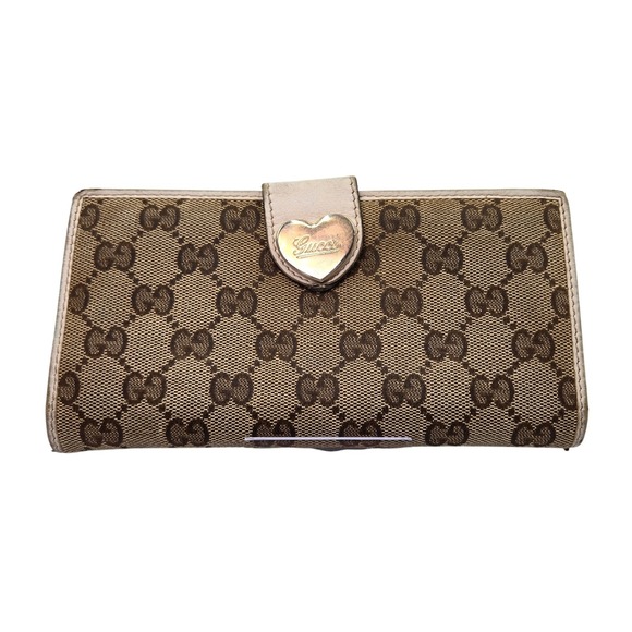 Gucci GG Canvas Heart Clasp Bifold Wallet Beige Brown Designer Women's - Picture 1 of 11